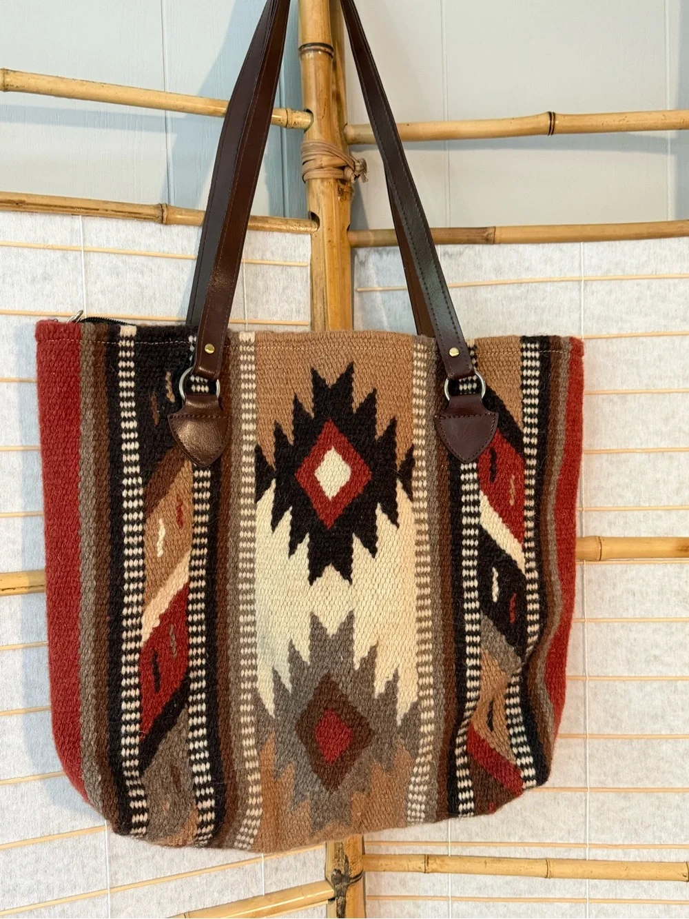 Southwestern Tote Bag in Brown and Red - 90% wool, made in India